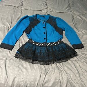 Soma London Blue Black Top Jacket Button Up Lace & Bead Detail Women's Size Xs